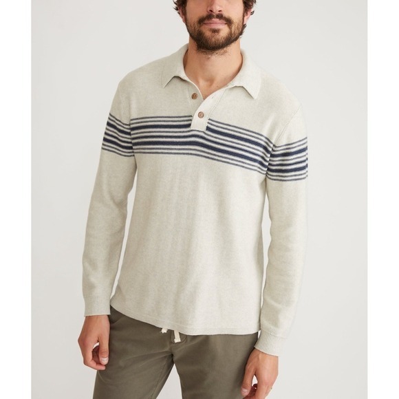 Marine Layer Ellias Chest Stripe Sweater Polo Mens XL Pearl Indigo‎ Long Sleeve